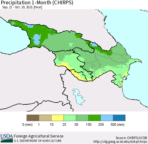 Azerbaijan, Armenia and Georgia Precipitation 1-Month (CHIRPS) Thematic Map For 9/21/2021 - 10/20/2021