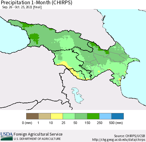 Azerbaijan, Armenia and Georgia Precipitation 1-Month (CHIRPS) Thematic Map For 9/26/2021 - 10/25/2021