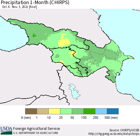 Azerbaijan, Armenia and Georgia Precipitation 1-Month (CHIRPS) Thematic Map For 10/6/2021 - 11/5/2021