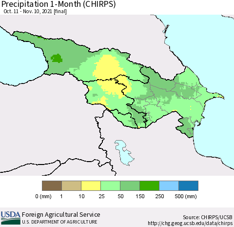 Azerbaijan, Armenia and Georgia Precipitation 1-Month (CHIRPS) Thematic Map For 10/11/2021 - 11/10/2021