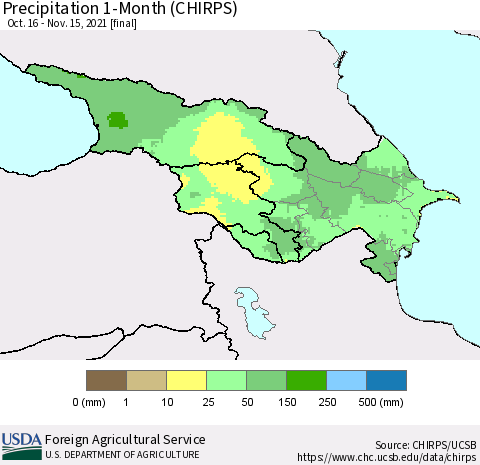 Azerbaijan, Armenia and Georgia Precipitation 1-Month (CHIRPS) Thematic Map For 10/16/2021 - 11/15/2021