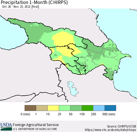 Azerbaijan, Armenia and Georgia Precipitation 1-Month (CHIRPS) Thematic Map For 10/26/2021 - 11/25/2021