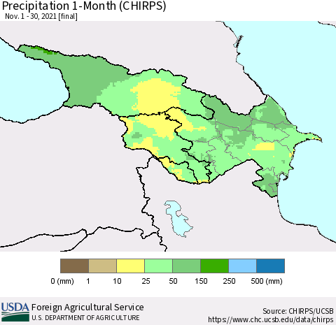 Azerbaijan, Armenia and Georgia Precipitation 1-Month (CHIRPS) Thematic Map For 11/1/2021 - 11/30/2021