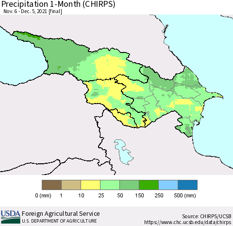 Azerbaijan, Armenia and Georgia Precipitation 1-Month (CHIRPS) Thematic Map For 11/6/2021 - 12/5/2021