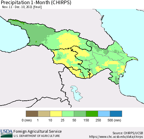 Azerbaijan, Armenia and Georgia Precipitation 1-Month (CHIRPS) Thematic Map For 11/11/2021 - 12/10/2021