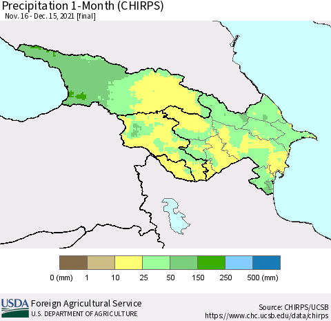 Azerbaijan, Armenia and Georgia Precipitation 1-Month (CHIRPS) Thematic Map For 11/16/2021 - 12/15/2021