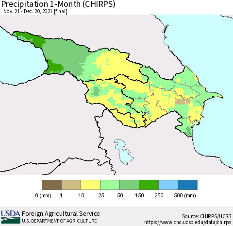 Azerbaijan, Armenia and Georgia Precipitation 1-Month (CHIRPS) Thematic Map For 11/21/2021 - 12/20/2021