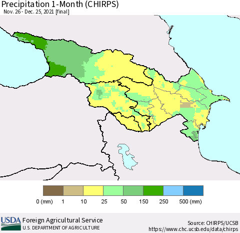 Azerbaijan, Armenia and Georgia Precipitation 1-Month (CHIRPS) Thematic Map For 11/26/2021 - 12/25/2021