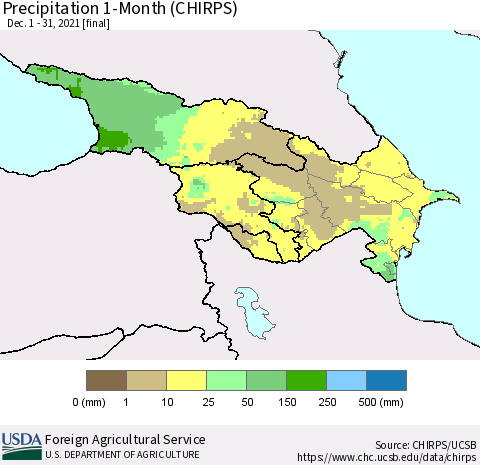 Azerbaijan, Armenia and Georgia Precipitation 1-Month (CHIRPS) Thematic Map For 12/1/2021 - 12/31/2021