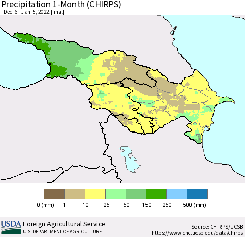 Azerbaijan, Armenia and Georgia Precipitation 1-Month (CHIRPS) Thematic Map For 12/6/2021 - 1/5/2022