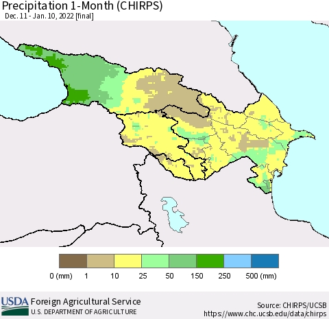 Azerbaijan, Armenia and Georgia Precipitation 1-Month (CHIRPS) Thematic Map For 12/11/2021 - 1/10/2022