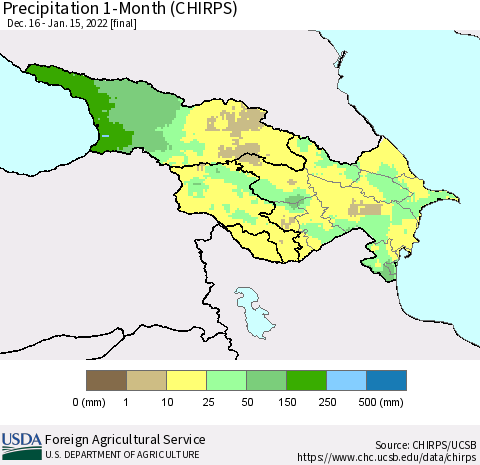 Azerbaijan, Armenia and Georgia Precipitation 1-Month (CHIRPS) Thematic Map For 12/16/2021 - 1/15/2022