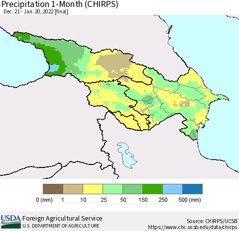 Azerbaijan, Armenia and Georgia Precipitation 1-Month (CHIRPS) Thematic Map For 12/21/2021 - 1/20/2022