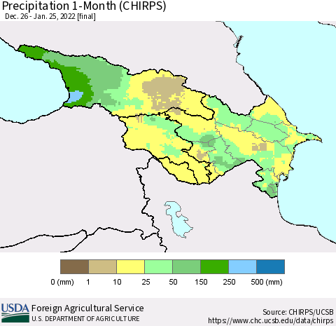 Azerbaijan, Armenia and Georgia Precipitation 1-Month (CHIRPS) Thematic Map For 12/26/2021 - 1/25/2022