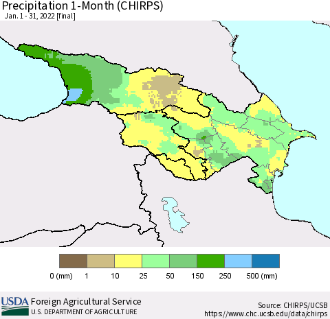 Azerbaijan, Armenia and Georgia Precipitation 1-Month (CHIRPS) Thematic Map For 1/1/2022 - 1/31/2022