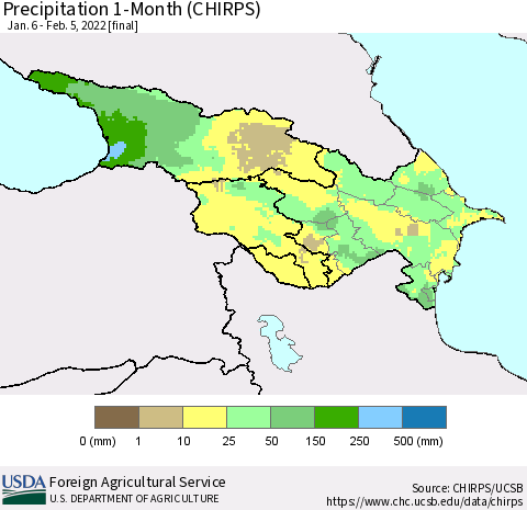 Azerbaijan, Armenia and Georgia Precipitation 1-Month (CHIRPS) Thematic Map For 1/6/2022 - 2/5/2022