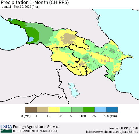 Azerbaijan, Armenia and Georgia Precipitation 1-Month (CHIRPS) Thematic Map For 1/11/2022 - 2/10/2022