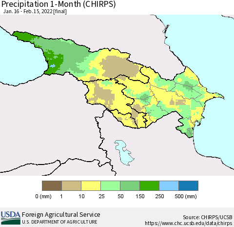 Azerbaijan, Armenia and Georgia Precipitation 1-Month (CHIRPS) Thematic Map For 1/16/2022 - 2/15/2022