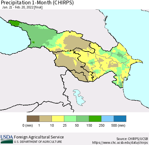 Azerbaijan, Armenia and Georgia Precipitation 1-Month (CHIRPS) Thematic Map For 1/21/2022 - 2/20/2022