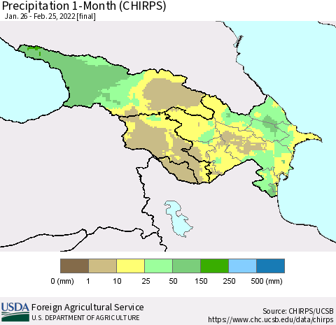 Azerbaijan, Armenia and Georgia Precipitation 1-Month (CHIRPS) Thematic Map For 1/26/2022 - 2/25/2022