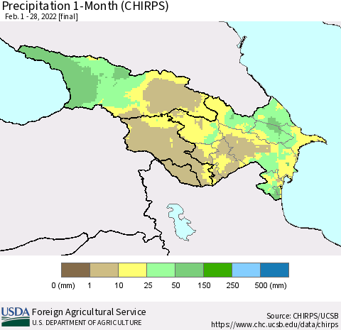 Azerbaijan, Armenia and Georgia Precipitation 1-Month (CHIRPS) Thematic Map For 2/1/2022 - 2/28/2022