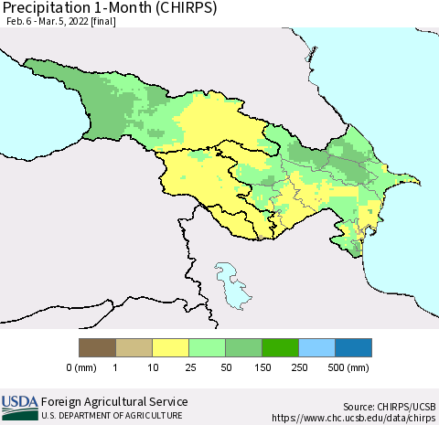 Azerbaijan, Armenia and Georgia Precipitation 1-Month (CHIRPS) Thematic Map For 2/6/2022 - 3/5/2022