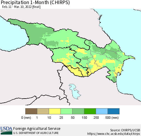 Azerbaijan, Armenia and Georgia Precipitation 1-Month (CHIRPS) Thematic Map For 2/11/2022 - 3/10/2022