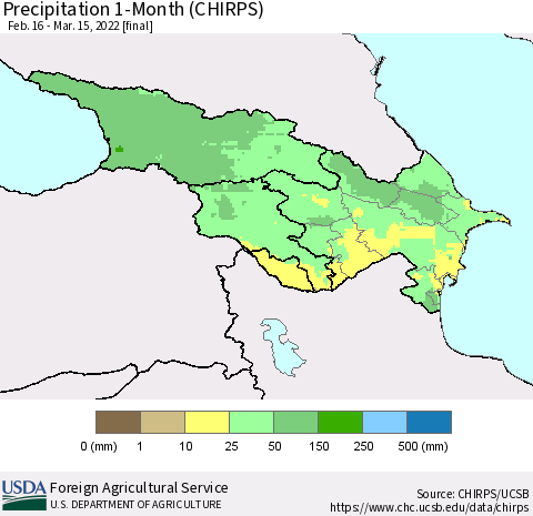 Azerbaijan, Armenia and Georgia Precipitation 1-Month (CHIRPS) Thematic Map For 2/16/2022 - 3/15/2022