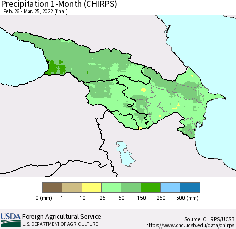 Azerbaijan, Armenia and Georgia Precipitation 1-Month (CHIRPS) Thematic Map For 2/26/2022 - 3/25/2022