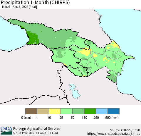 Azerbaijan, Armenia and Georgia Precipitation 1-Month (CHIRPS) Thematic Map For 3/6/2022 - 4/5/2022