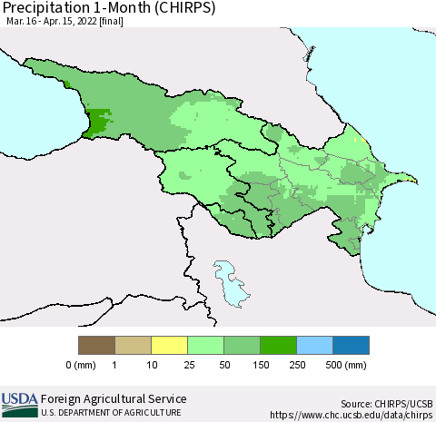 Azerbaijan, Armenia and Georgia Precipitation 1-Month (CHIRPS) Thematic Map For 3/16/2022 - 4/15/2022