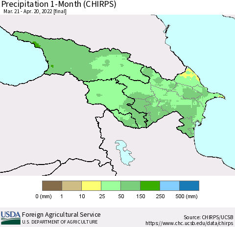 Azerbaijan, Armenia and Georgia Precipitation 1-Month (CHIRPS) Thematic Map For 3/21/2022 - 4/20/2022