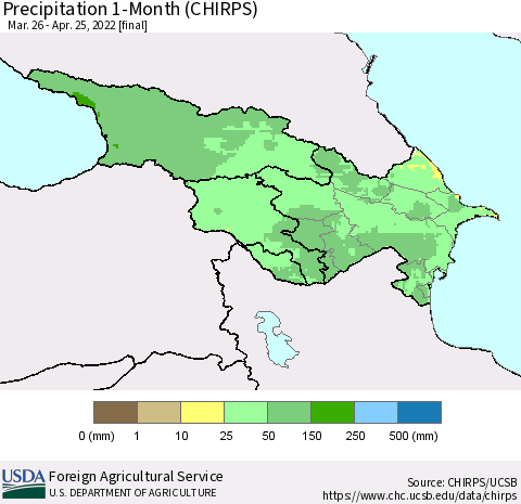 Azerbaijan, Armenia and Georgia Precipitation 1-Month (CHIRPS) Thematic Map For 3/26/2022 - 4/25/2022