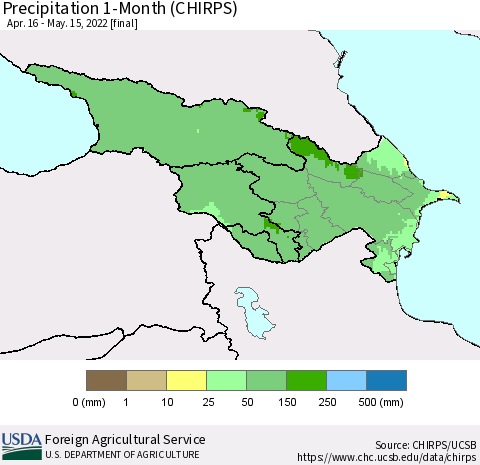 Azerbaijan, Armenia and Georgia Precipitation 1-Month (CHIRPS) Thematic Map For 4/16/2022 - 5/15/2022