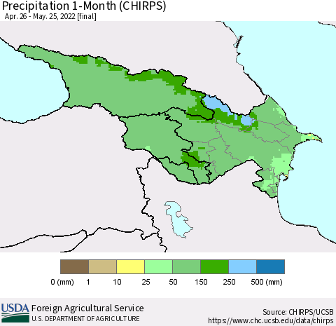 Azerbaijan, Armenia and Georgia Precipitation 1-Month (CHIRPS) Thematic Map For 4/26/2022 - 5/25/2022