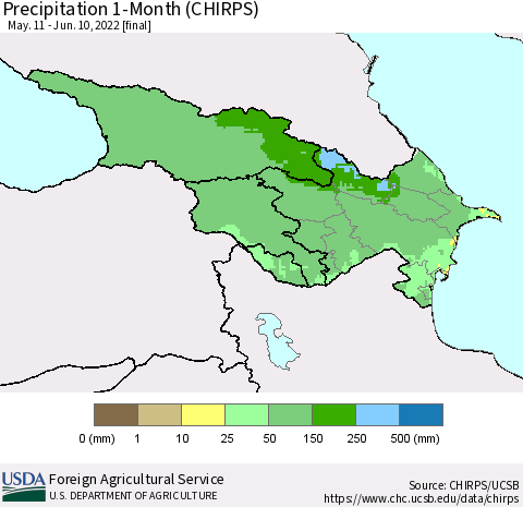 Azerbaijan, Armenia and Georgia Precipitation 1-Month (CHIRPS) Thematic Map For 5/11/2022 - 6/10/2022
