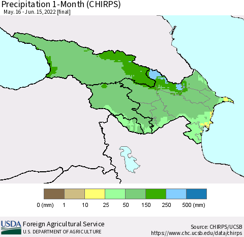 Azerbaijan, Armenia and Georgia Precipitation 1-Month (CHIRPS) Thematic Map For 5/16/2022 - 6/15/2022