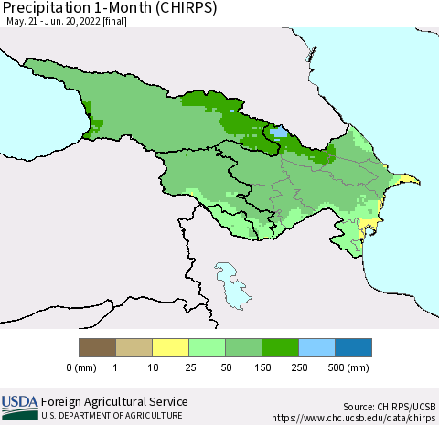 Azerbaijan, Armenia and Georgia Precipitation 1-Month (CHIRPS) Thematic Map For 5/21/2022 - 6/20/2022