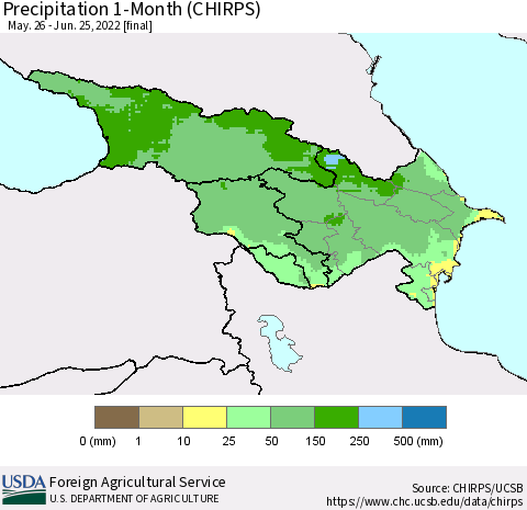 Azerbaijan, Armenia and Georgia Precipitation 1-Month (CHIRPS) Thematic Map For 5/26/2022 - 6/25/2022
