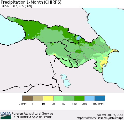 Azerbaijan, Armenia and Georgia Precipitation 1-Month (CHIRPS) Thematic Map For 6/6/2022 - 7/5/2022