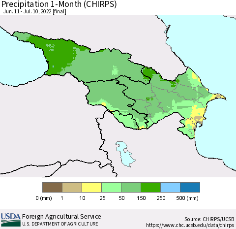 Azerbaijan, Armenia and Georgia Precipitation 1-Month (CHIRPS) Thematic Map For 6/11/2022 - 7/10/2022