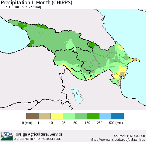 Azerbaijan, Armenia and Georgia Precipitation 1-Month (CHIRPS) Thematic Map For 6/16/2022 - 7/15/2022
