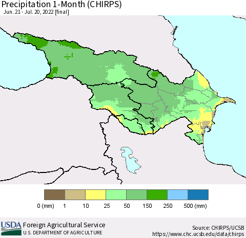 Azerbaijan, Armenia and Georgia Precipitation 1-Month (CHIRPS) Thematic Map For 6/21/2022 - 7/20/2022