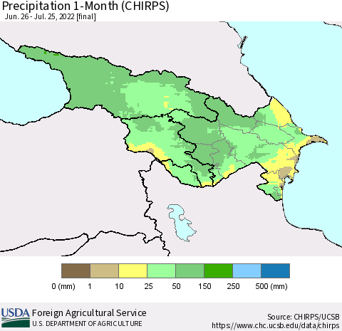 Azerbaijan, Armenia and Georgia Precipitation 1-Month (CHIRPS) Thematic Map For 6/26/2022 - 7/25/2022