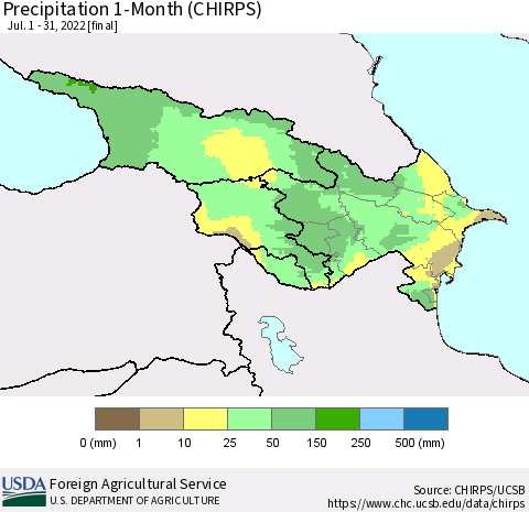 Azerbaijan, Armenia and Georgia Precipitation 1-Month (CHIRPS) Thematic Map For 7/1/2022 - 7/31/2022