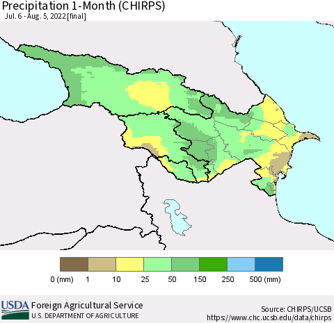 Azerbaijan, Armenia and Georgia Precipitation 1-Month (CHIRPS) Thematic Map For 7/6/2022 - 8/5/2022