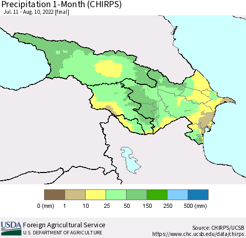 Azerbaijan, Armenia and Georgia Precipitation 1-Month (CHIRPS) Thematic Map For 7/11/2022 - 8/10/2022