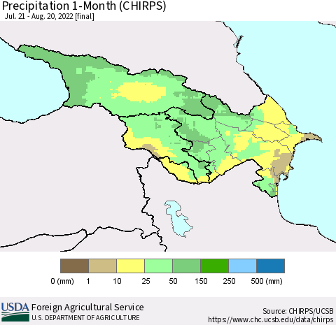 Azerbaijan, Armenia and Georgia Precipitation 1-Month (CHIRPS) Thematic Map For 7/21/2022 - 8/20/2022