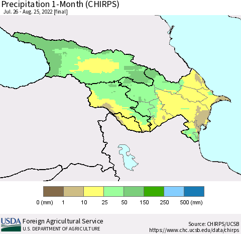 Azerbaijan, Armenia and Georgia Precipitation 1-Month (CHIRPS) Thematic Map For 7/26/2022 - 8/25/2022