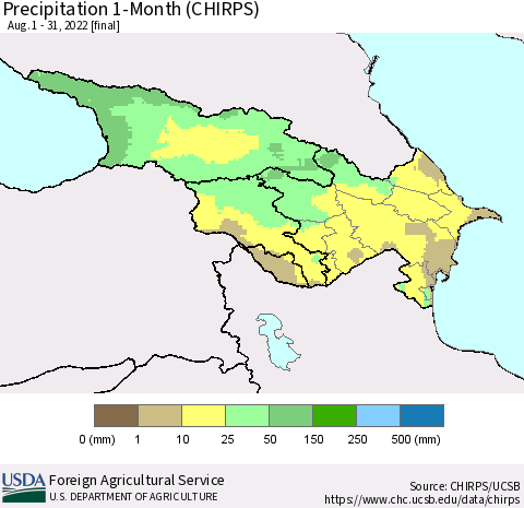 Azerbaijan, Armenia and Georgia Precipitation 1-Month (CHIRPS) Thematic Map For 8/1/2022 - 8/31/2022